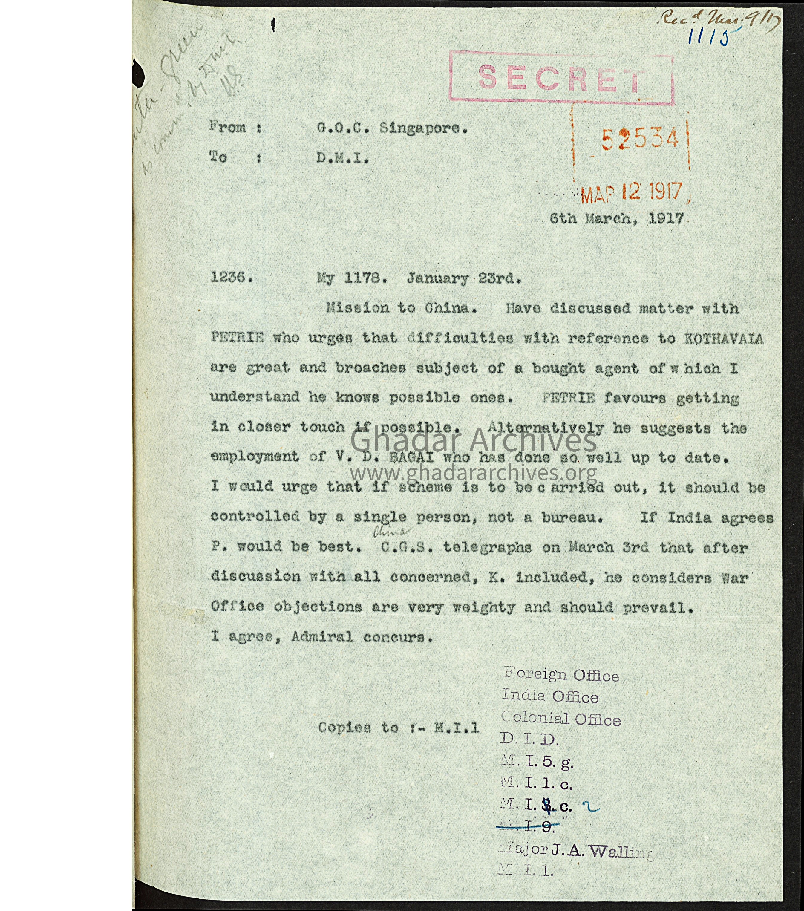 Copy of Letter from Ridout To Pietre (British officers) admired Bagai's work for as Colonial British Spy.