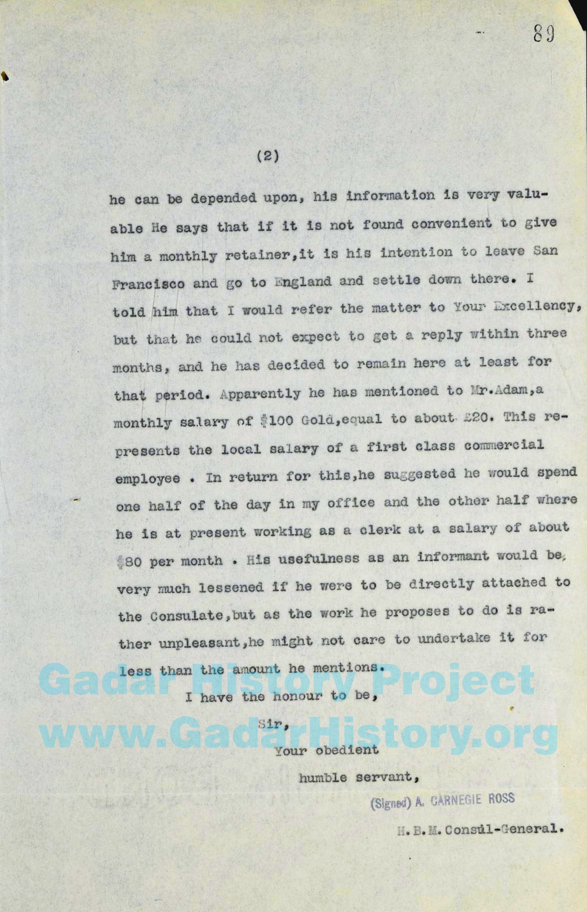 Letter from Carnegie Ross on Vaishno Das Bagai's informant employment
