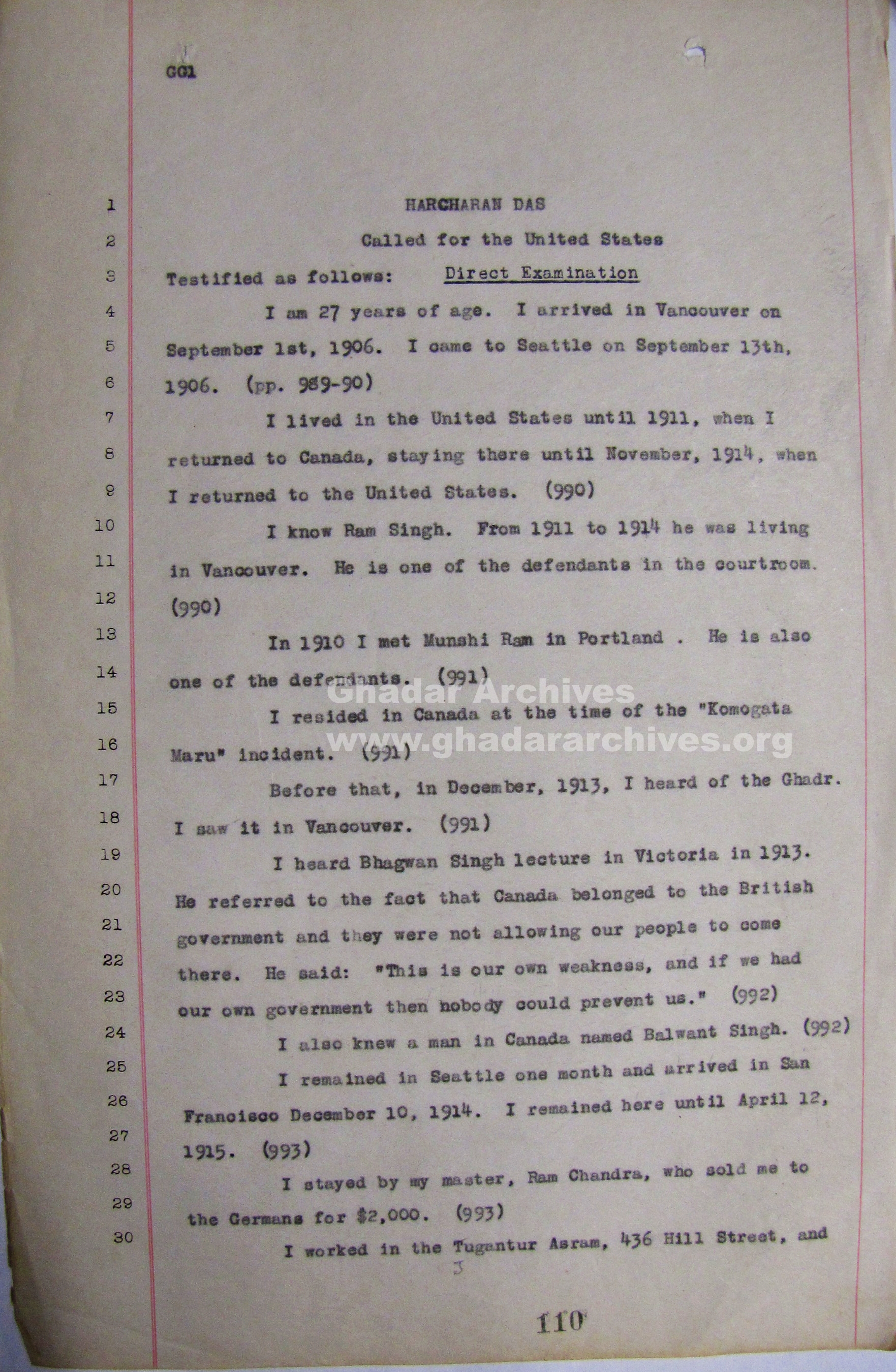 Hindu-German Conspiracy Trial – Harcharan Das Court Testimony