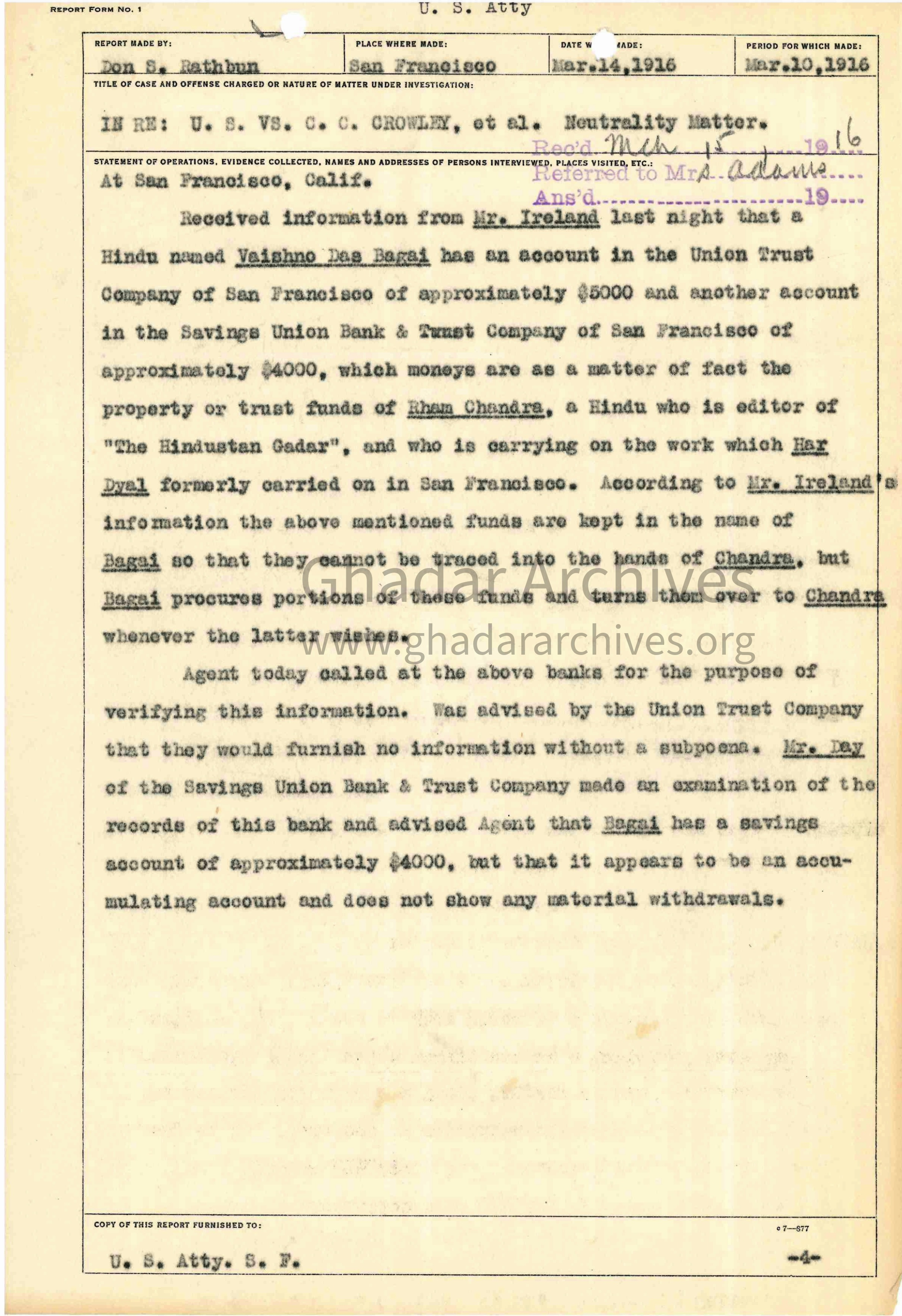 V.D. Bagai's Report Cited in SF Hindu–German Conspiracy Trial Proceedings