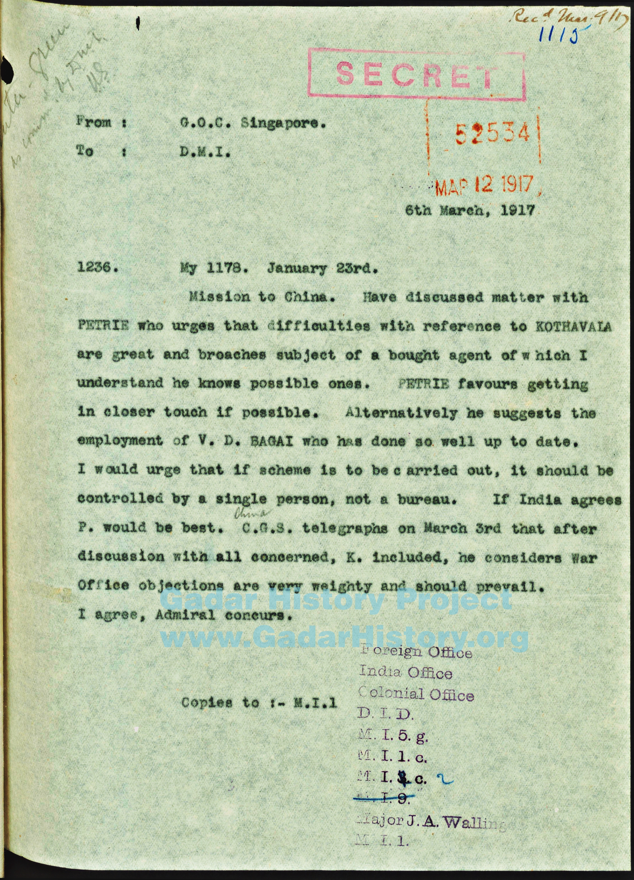 Copy of Letter from Ridout To Pietre admired Bagai's work as a Colonial British Spy