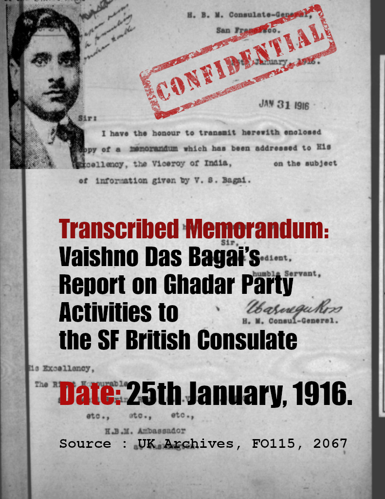 Vaishno Das Bagai’s Report on Ghadar Party Activities to the SF British Consulate - 25th January, 1916.