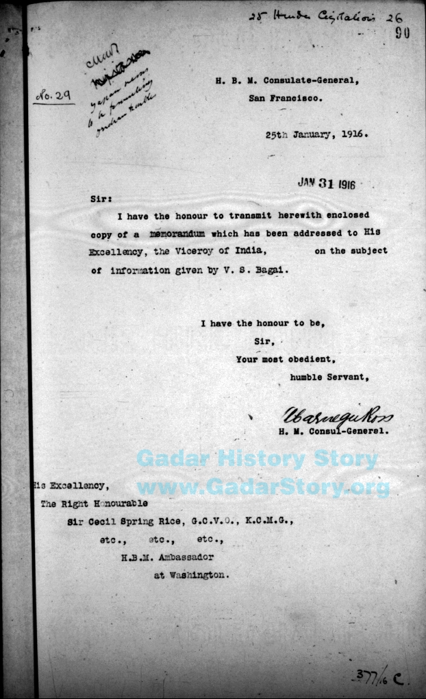 Vaishno Das Bagai report detailing Ghadar Party activities, page 90