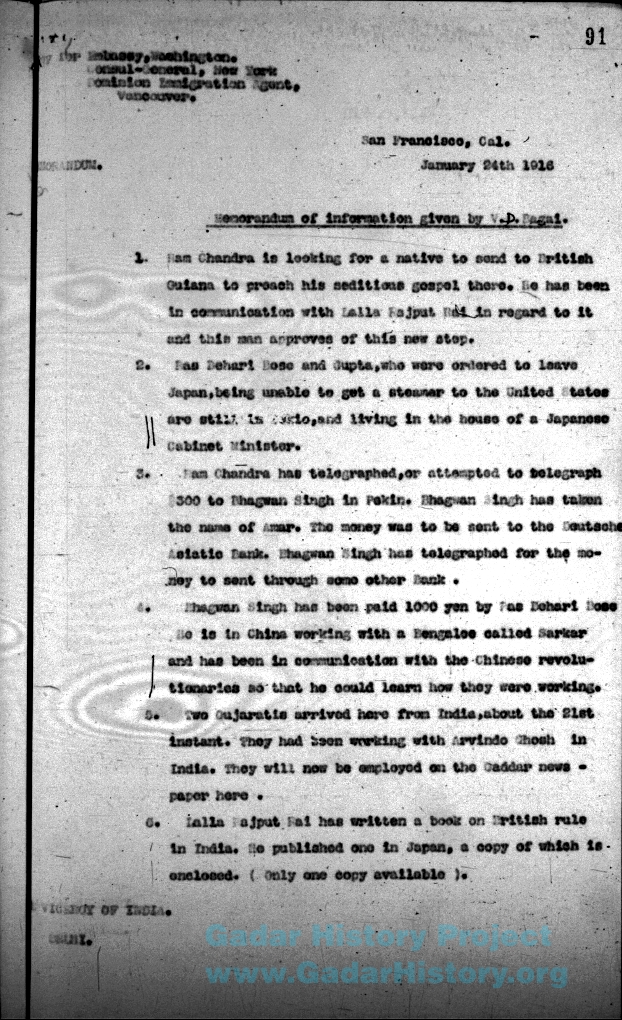 Vaishno Das Bagai report detailing Ghadar Party activities, page 91