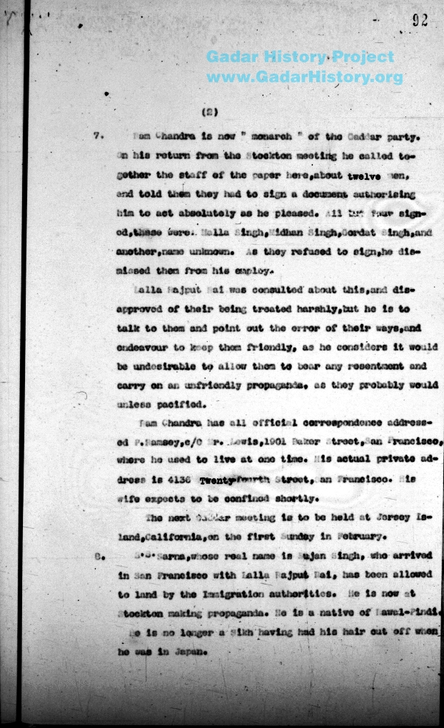 Vaishno Das Bagai report detailing Ghadar Party activities, page 92