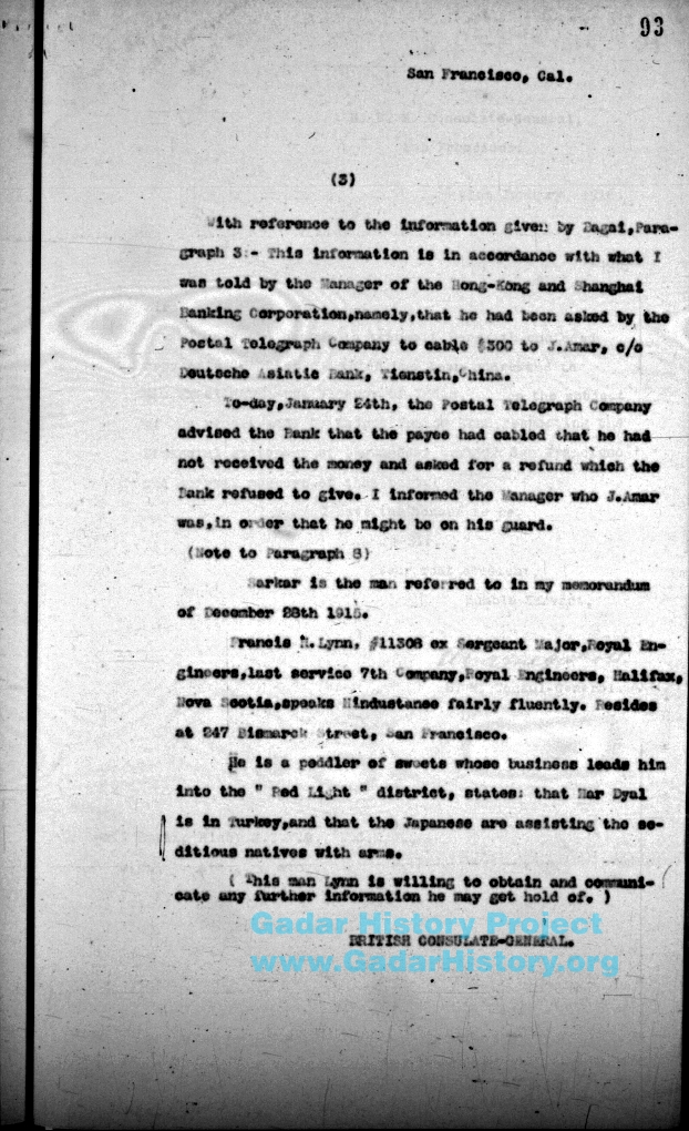 Vaishno Das Bagai report detailing Ghadar Party activities, page 93